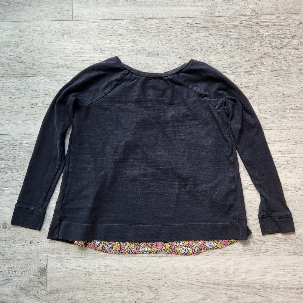 Loft Black Long Sleeve Floral Top Womens Xs Pink Yellow Split Back